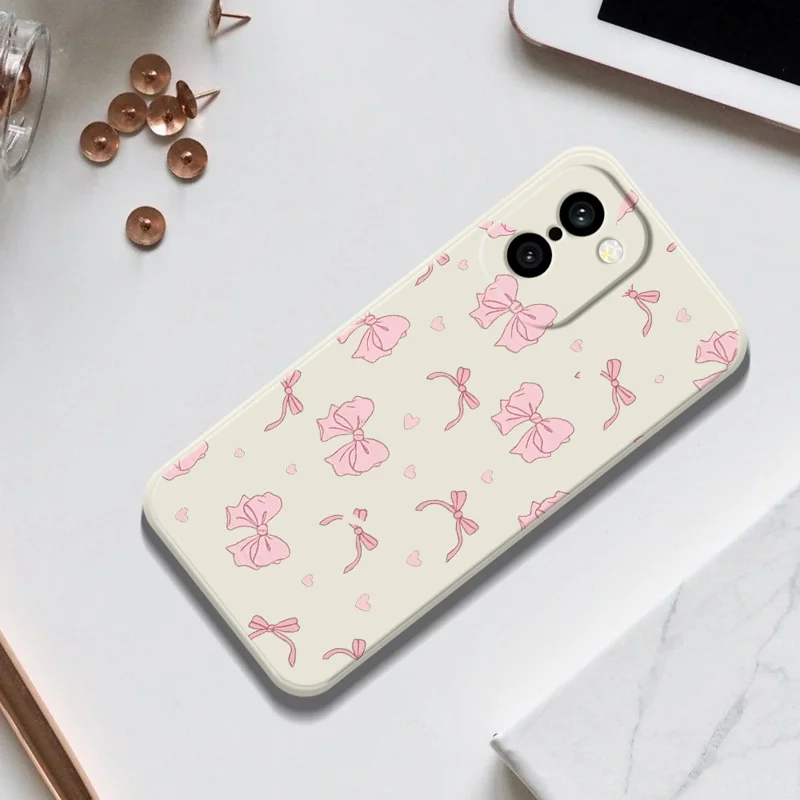 For OnePlus 15R 5G  /  Ace 6T 5G Case Pink Bow Love Pattern Printing Straight Edge TPU Phone Back Cover - Beige