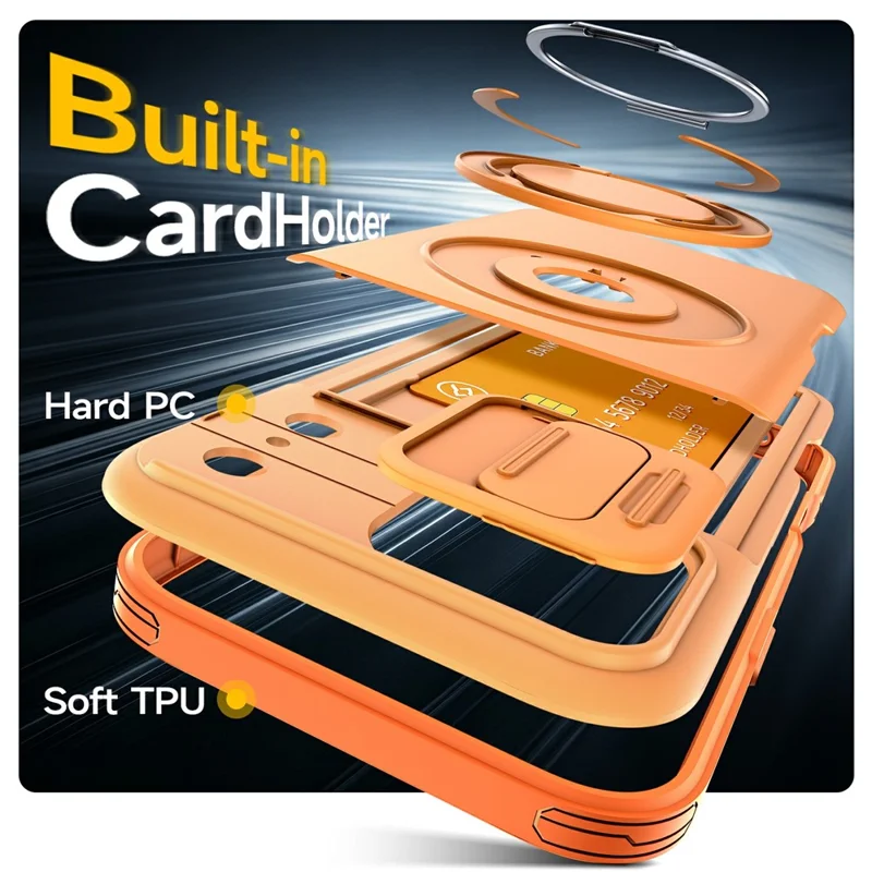 For iPhone 17 Pro Case Slide Camera Cover Kickstand TPU + PC Phone Protective Shell with Card Holder - Orange