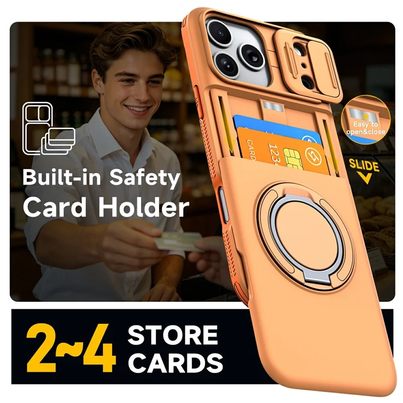 For iPhone 17 Pro Max Hoesje Schuifcamera Cover Opzetstandaard TPU + PC Telefoonbeschermer met Kaarthouder - Oranje
