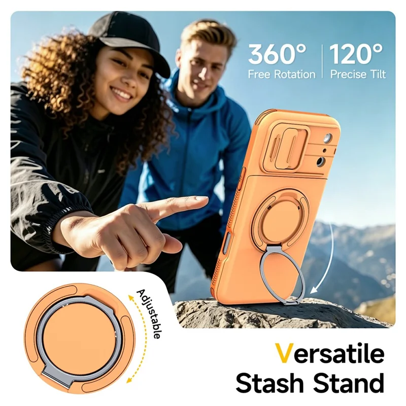 For iPhone 17 Pro Max Hoesje Schuifcamera Cover Opzetstandaard TPU + PC Telefoonbeschermer met Kaarthouder - Oranje