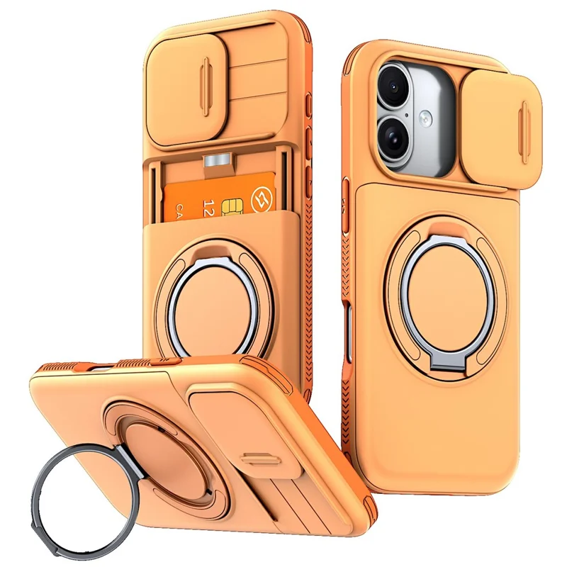 For iPhone 17 Case Slide Camera Cover Kickstand TPU + PC Phone Protective Shell with Card Holder - Orange