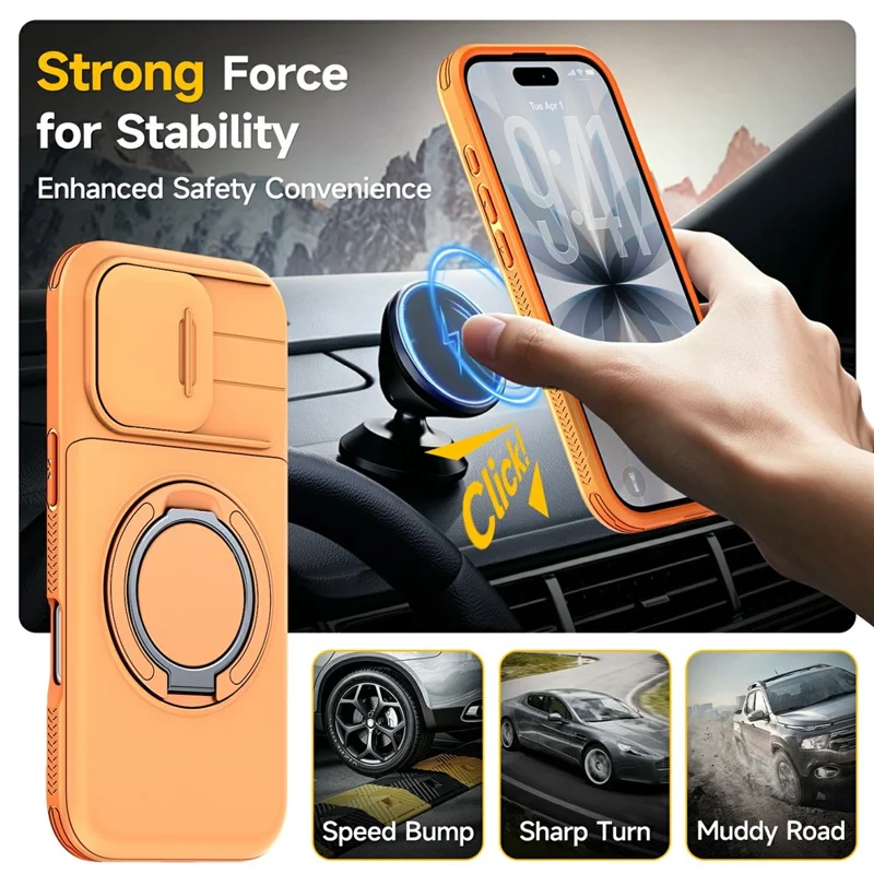 For iPhone 17 Case Slide Camera Cover Kickstand TPU + PC Phone Protective Shell with Card Holder - Orange