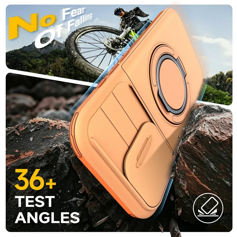 For iPhone 17 Case Slide Camera Cover Kickstand TPU + PC Phone Protective Shell with Card Holder - Orange