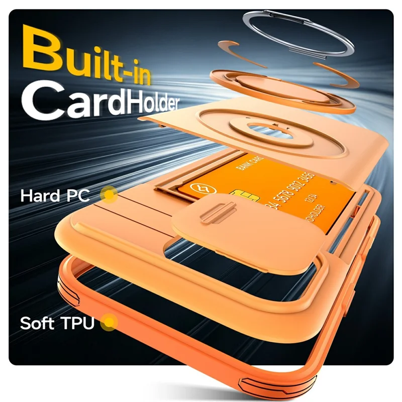 For iPhone 17 Case Slide Camera Cover Kickstand TPU + PC Phone Protective Shell with Card Holder - Orange