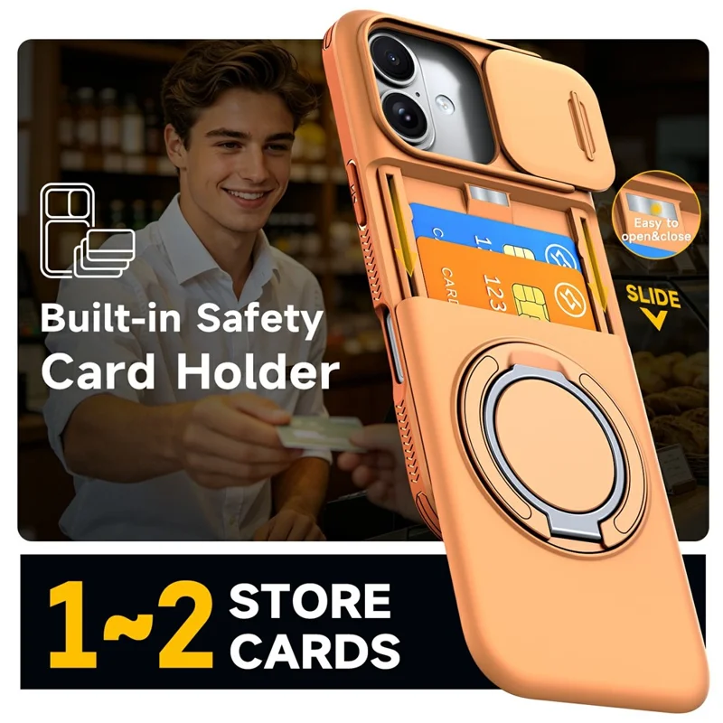 For iPhone 17 Case Slide Camera Cover Kickstand TPU + PC Phone Protective Shell with Card Holder - Orange
