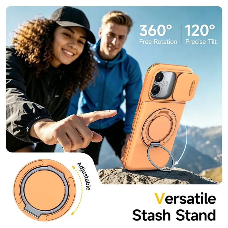 For iPhone 17 Case Slide Camera Cover Kickstand TPU + PC Phone Protective Shell with Card Holder - Orange