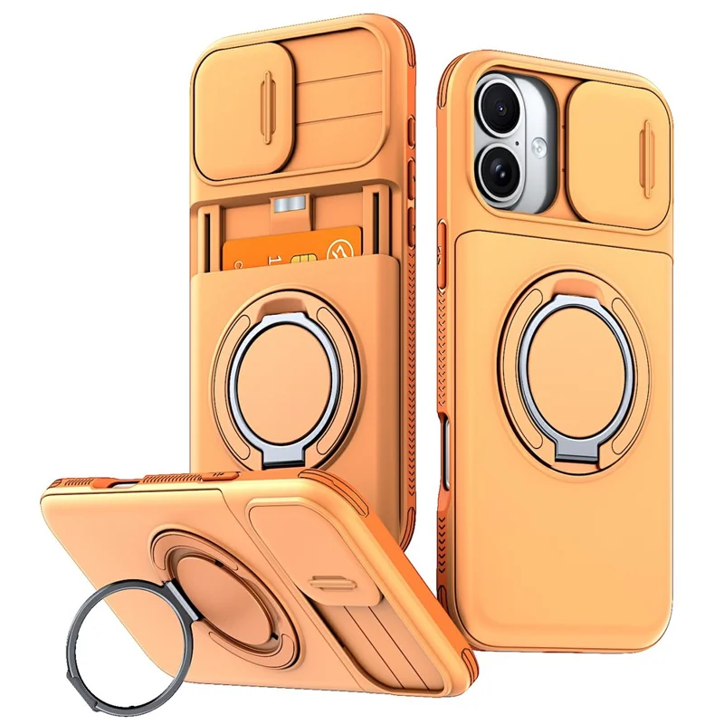 For iPhone 16 Case Slide Camera Cover Kickstand TPU + PC Phone Protective Shell with Card Holder - Orange