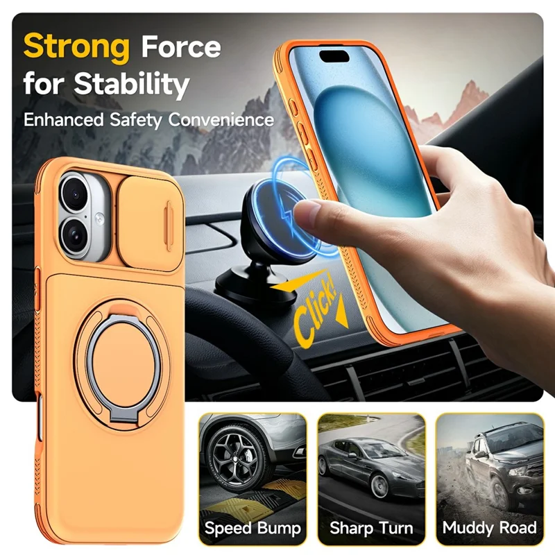 For iPhone 16 Case Slide Camera Cover Kickstand TPU + PC Phone Protective Shell with Card Holder - Orange