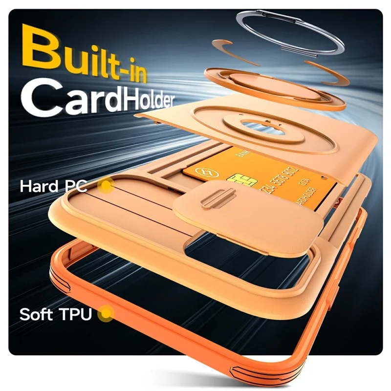 For iPhone 16 Case Slide Camera Cover Kickstand TPU + PC Phone Protective Shell with Card Holder - Orange