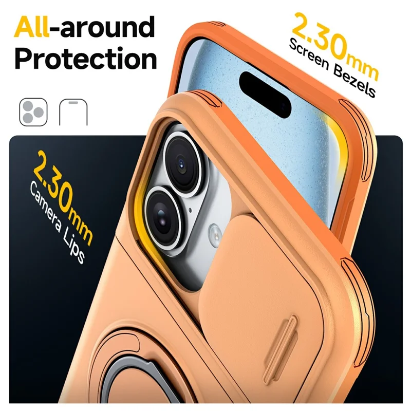 For iPhone 16 Case Slide Camera Cover Kickstand TPU + PC Phone Protective Shell with Card Holder - Orange