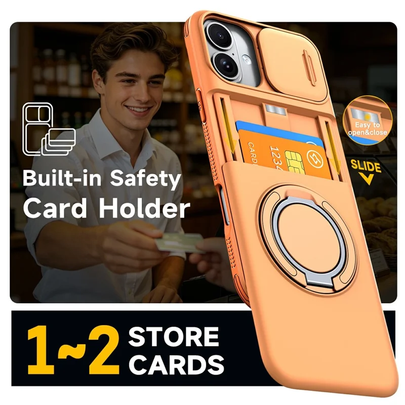 For iPhone 16 Case Slide Camera Cover Kickstand TPU + PC Phone Protective Shell with Card Holder - Orange