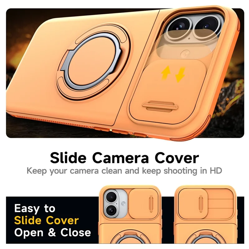 For iPhone 16 Case Slide Camera Cover Kickstand TPU + PC Phone Protective Shell with Card Holder - Orange