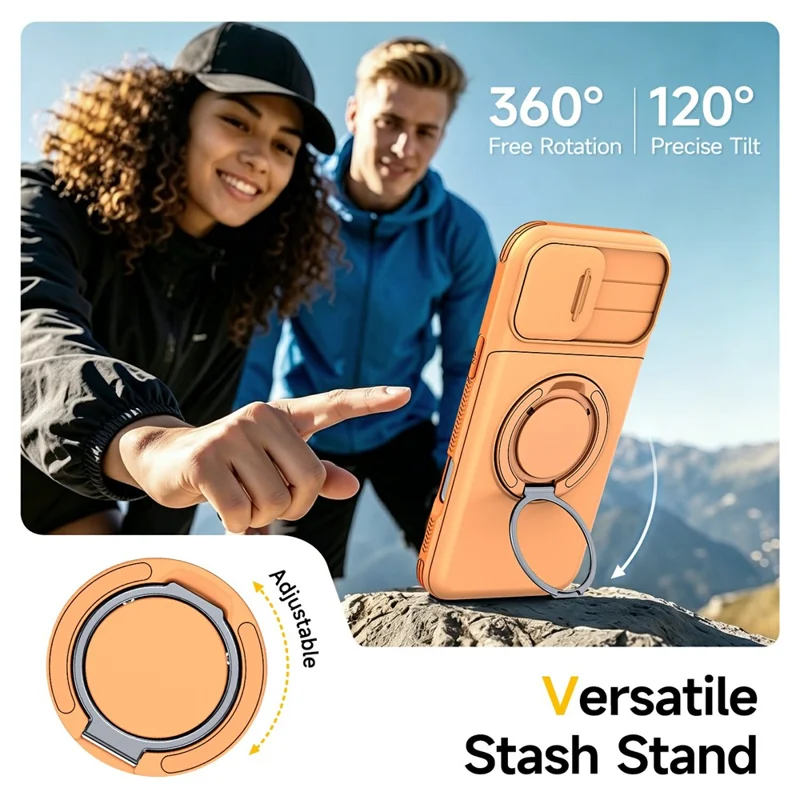 For iPhone 16 Case Slide Camera Cover Kickstand TPU + PC Phone Protective Shell with Card Holder - Orange