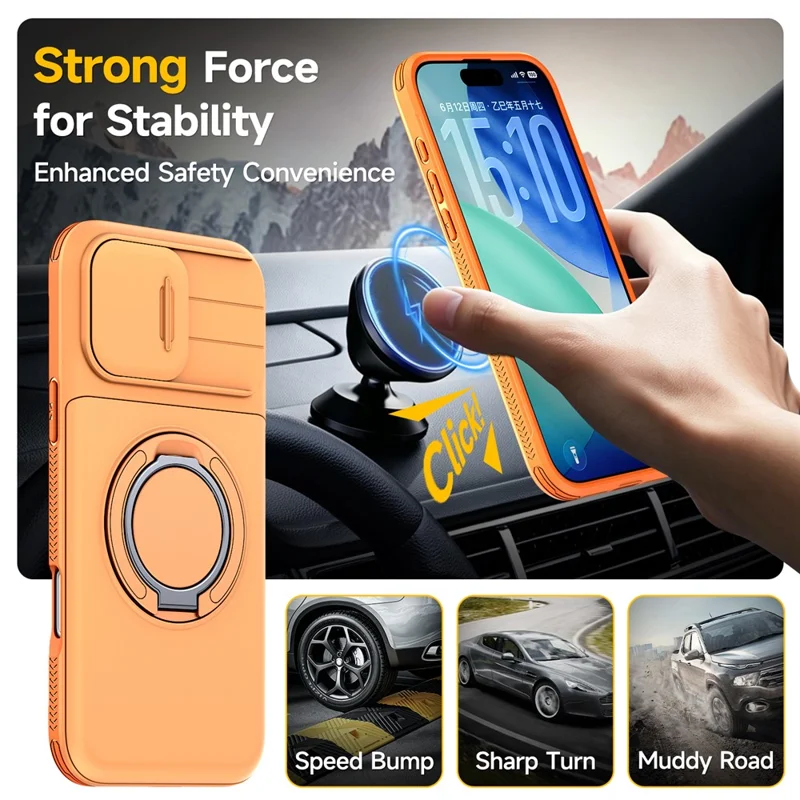 For iPhone 16 Pro Case Slide Camera Cover Kickstand TPU + PC Phone Protective Shell with Card Holder - Orange