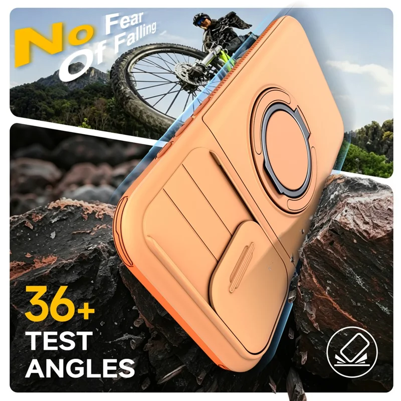 For iPhone 16 Pro Case Slide Camera Cover Kickstand TPU + PC Phone Protective Shell with Card Holder - Orange