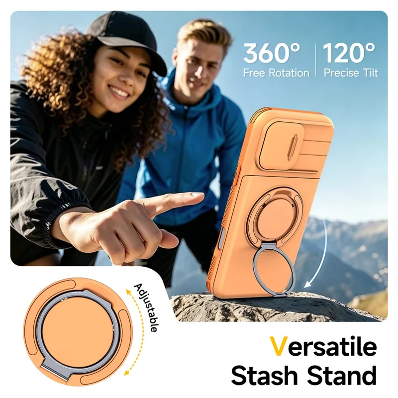 For iPhone 16 Pro Case Slide Camera Cover Kickstand TPU + PC Phone Protective Shell with Card Holder - Orange