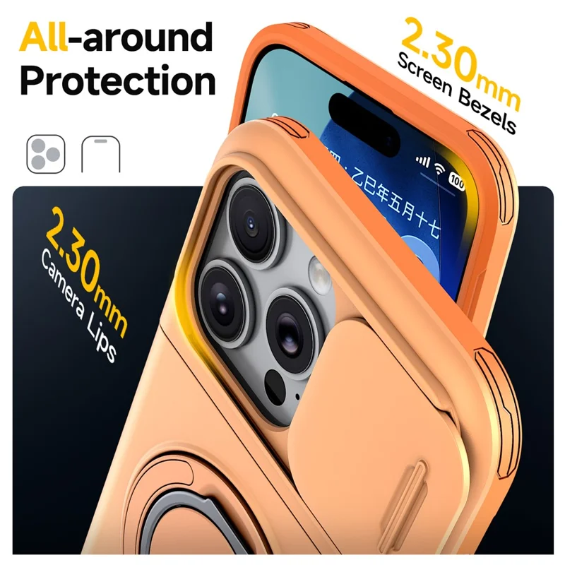 For iPhone 16 Pro Max Case Slide Camera Cover Kickstand TPU + PC Phone Protective Shell with Card Holder - Orange