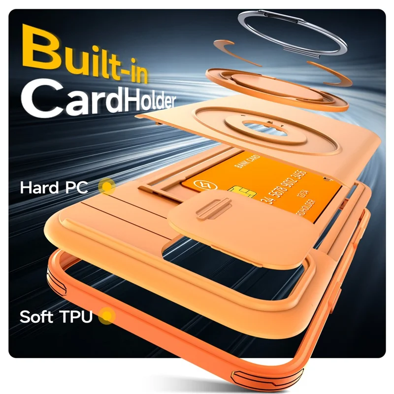 For iPhone 16 Pro Max Case Slide Camera Cover Kickstand TPU + PC Phone Protective Shell with Card Holder - Orange