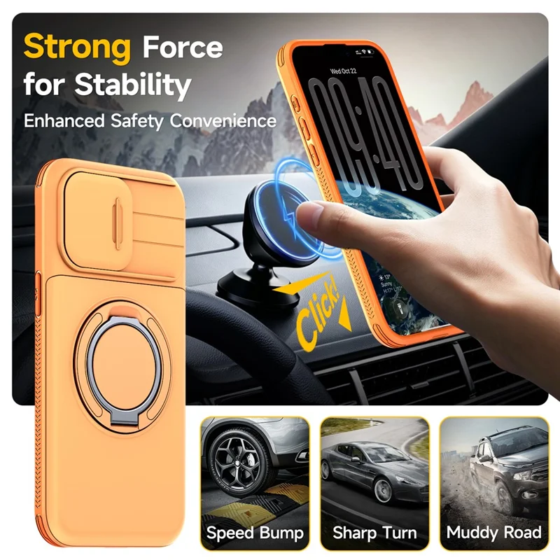 For iPhone 15 Pro Case Slide Camera Cover Kickstand TPU + PC Phone Protective Shell with Card Holder - Orange