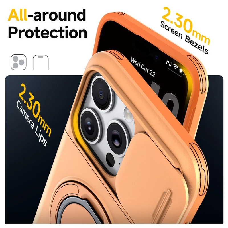 För iPhone 15 Pro Max Hölje Skjutbart Kamerablockeringsskydd Ställbar Ståndring TPU + PC Telefon Skyddshölje med Kortficka - Orange