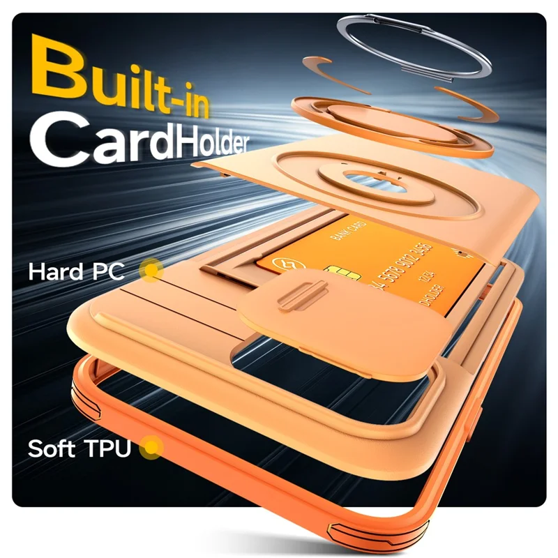 For iPhone 14 Pro Case Slide Camera Cover Kickstand TPU + PC Phone Protective Shell with Card Holder - Orange