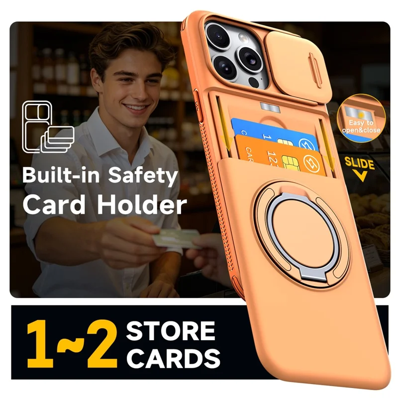 Für iPhone 14 Pro Max Hülle mit schiebbarer Kameraabdeckung, Ständer, TPU + PC Schutzhülle mit Kartenfach - Orange