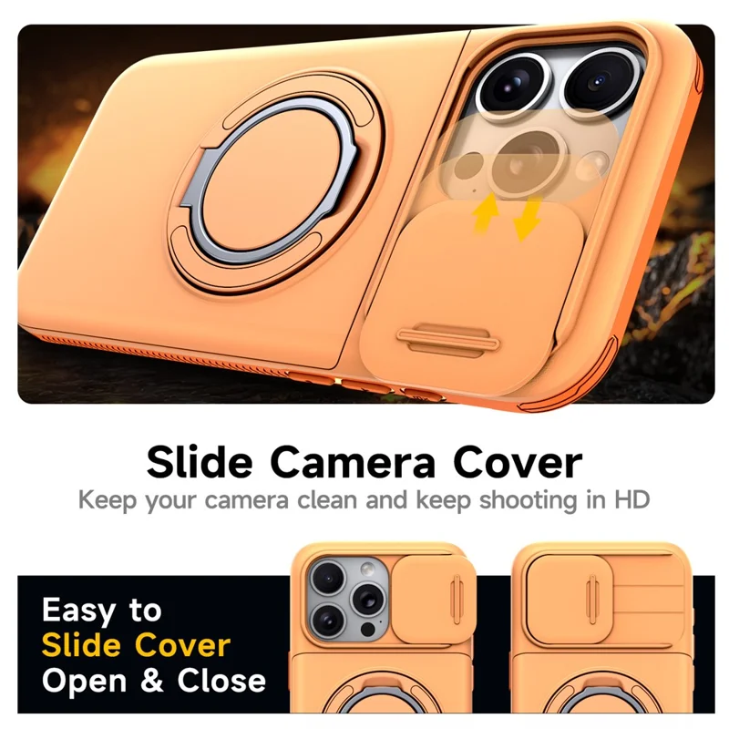 Für iPhone 14 Pro Max Hülle mit schiebbarer Kameraabdeckung, Ständer, TPU + PC Schutzhülle mit Kartenfach - Orange