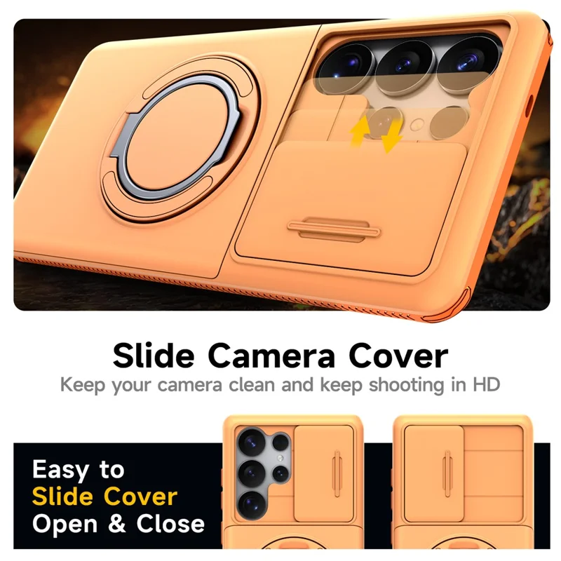 For Samsung Galaxy S23 Ultra Case Slide Camera Cover Kickstand TPU + PC Phone Protective Shell with Card Holder - Orange