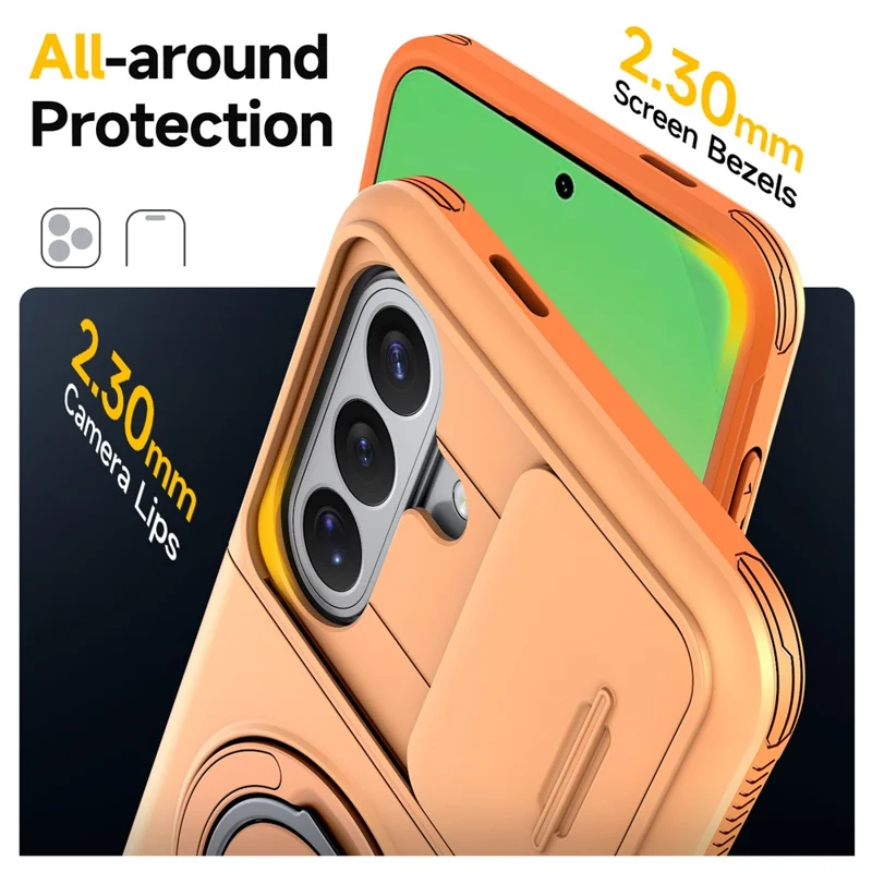 For Samsung Galaxy S24 FE Case Slide Camera Cover Kickstand TPU + PC Phone Protective Shell with Card Holder - Orange