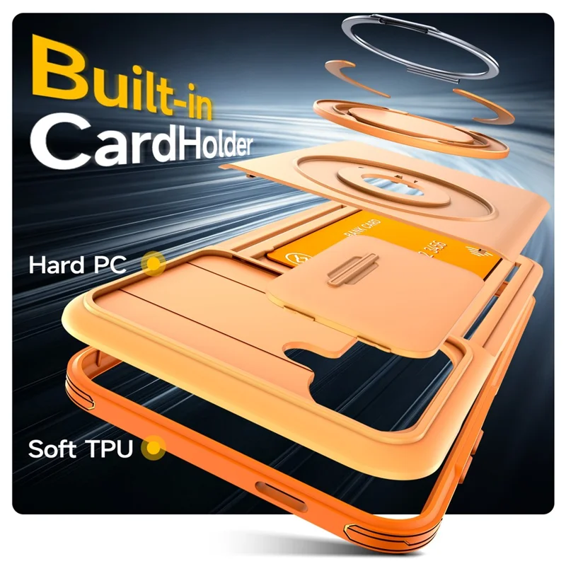 For Samsung Galaxy S24 FE Case Slide Camera Cover Kickstand TPU + PC Phone Protective Shell with Card Holder - Orange