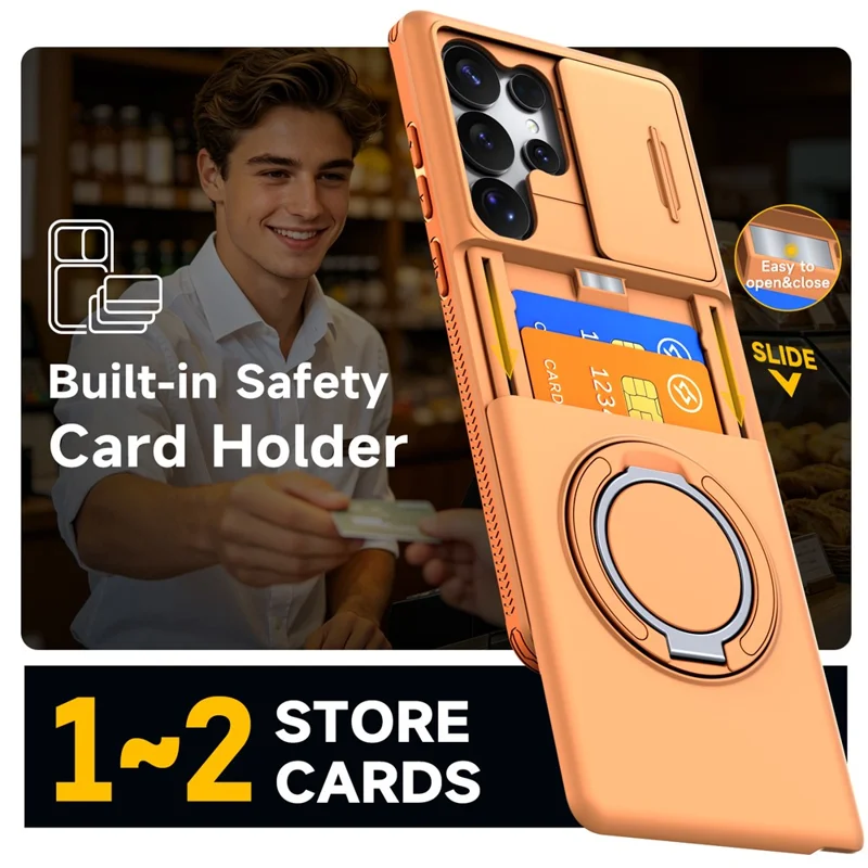 For Samsung Galaxy S24 Ultra Case Slide Camera Cover Kickstand TPU + PC Phone Protective Shell with Card Holder - Orange