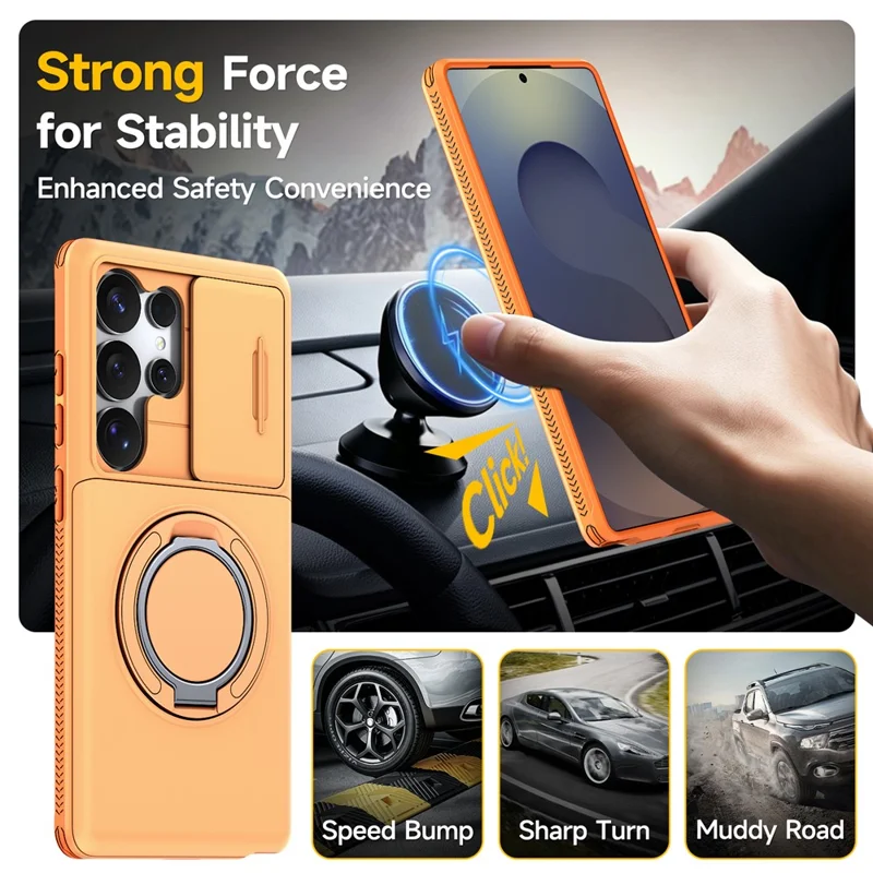 For Samsung Galaxy S25 Ultra Case Slide Camera Cover Kickstand TPU + PC Phone Protective Shell with Card Holder - Orange