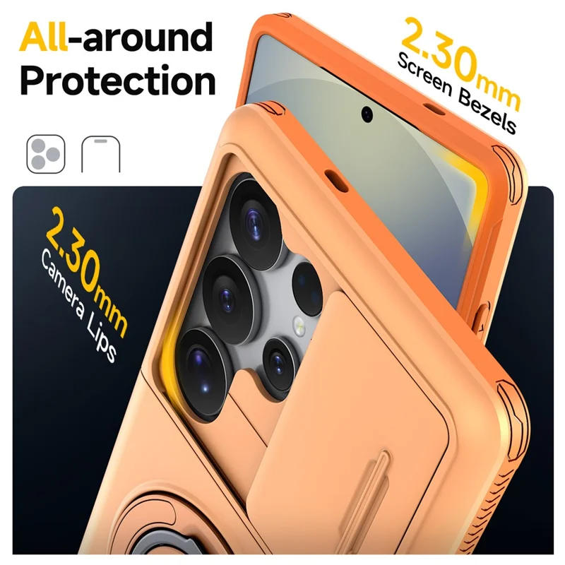 For Samsung Galaxy S25 Ultra Case Slide Camera Cover Kickstand TPU + PC Phone Protective Shell with Card Holder - Orange