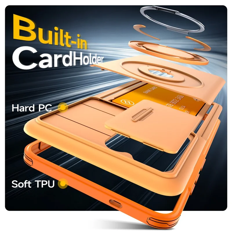For Samsung Galaxy S25 Ultra Case Slide Camera Cover Kickstand TPU + PC Phone Protective Shell with Card Holder - Orange
