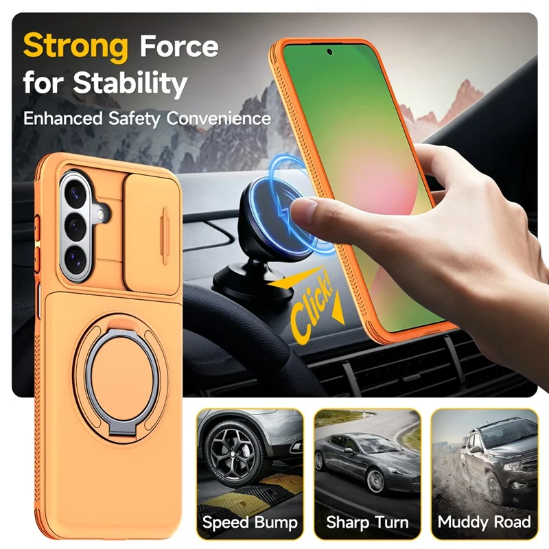 For Samsung Galaxy A15 4G / A15 5G Case Slide Camera Cover Kickstand TPU + PC Phone Protective Shell with Card Holder - Orange