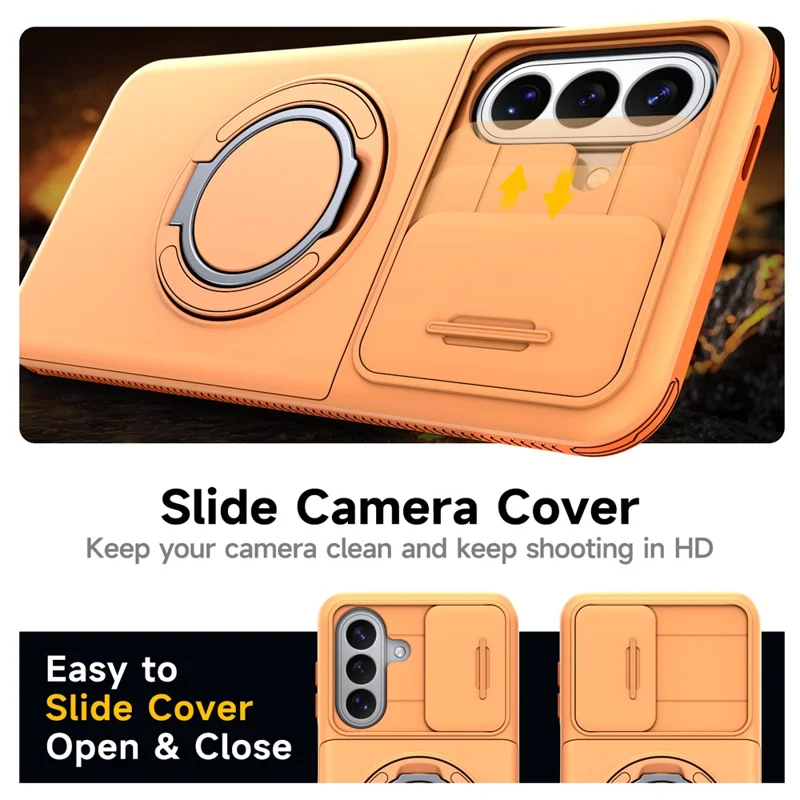 For Samsung Galaxy A55 5G Case Slide Camera Cover Kickstand TPU + PC Phone Protective Shell with Card Holder - Orange