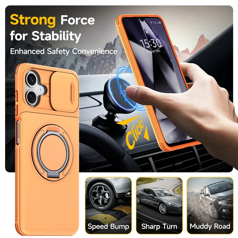 For Samsung Galaxy A06 4G / A06 5G Case Slide Camera Cover Kickstand TPU + PC Phone Protective Shell with Card Holder - Orange