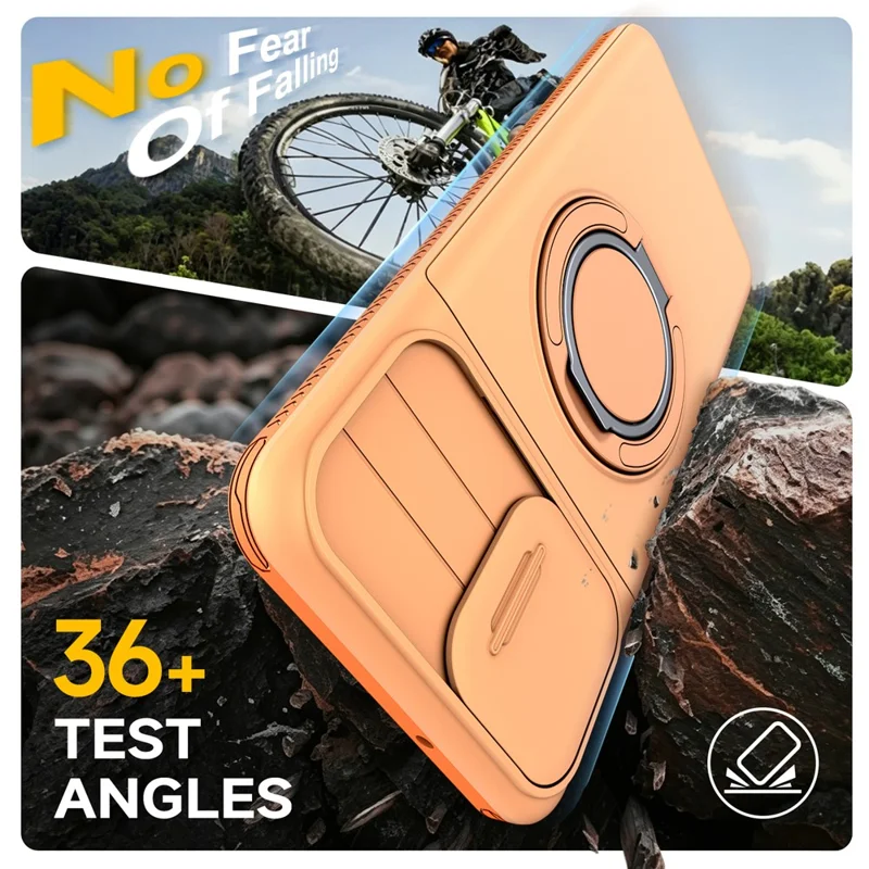 For Samsung Galaxy A06 4G / A06 5G Case Slide Camera Cover Kickstand TPU + PC Phone Protective Shell with Card Holder - Orange