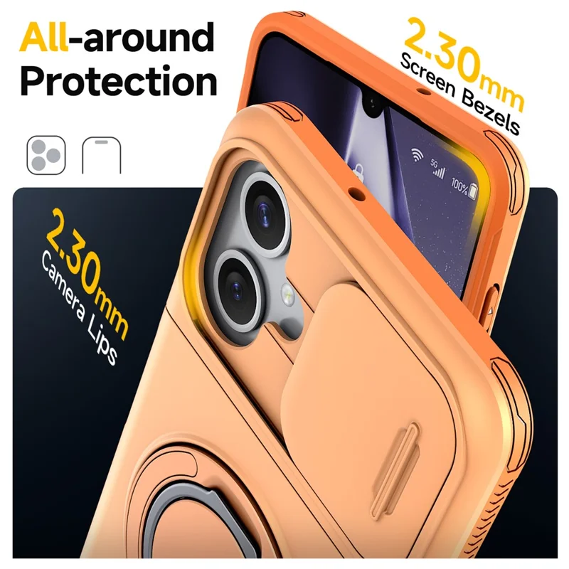 For Samsung Galaxy A06 4G / A06 5G Case Slide Camera Cover Kickstand TPU + PC Phone Protective Shell with Card Holder - Orange