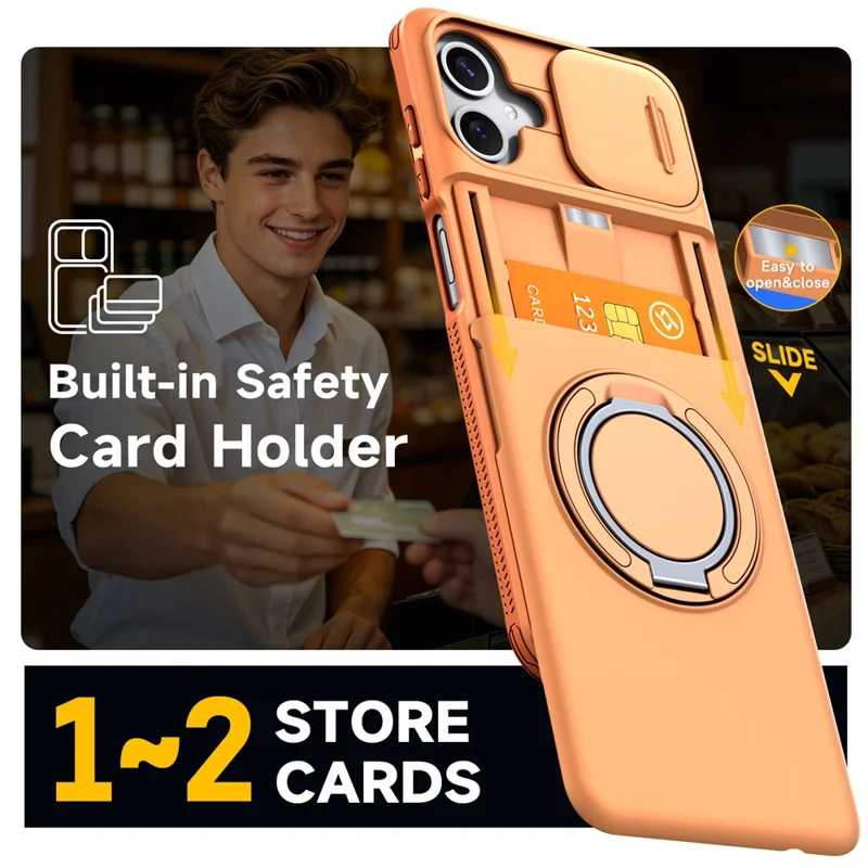 For Samsung Galaxy A06 4G / A06 5G Case Slide Camera Cover Kickstand TPU + PC Phone Protective Shell with Card Holder - Orange