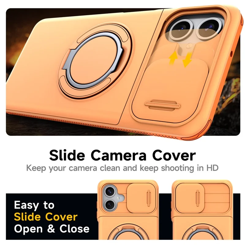 For Samsung Galaxy A06 4G / A06 5G Case Slide Camera Cover Kickstand TPU + PC Phone Protective Shell with Card Holder - Orange