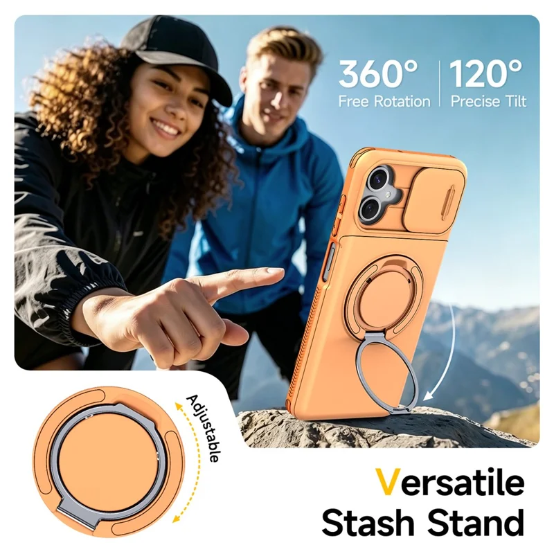 For Samsung Galaxy A06 4G / A06 5G Case Slide Camera Cover Kickstand TPU + PC Phone Protective Shell with Card Holder - Orange