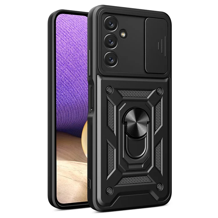 Shockproof Phone Case for Samsung Galaxy A14 5G / A14 4G Ring Kickstand PC + TPU Protective Back Cover with Slide Camera Protector - Black