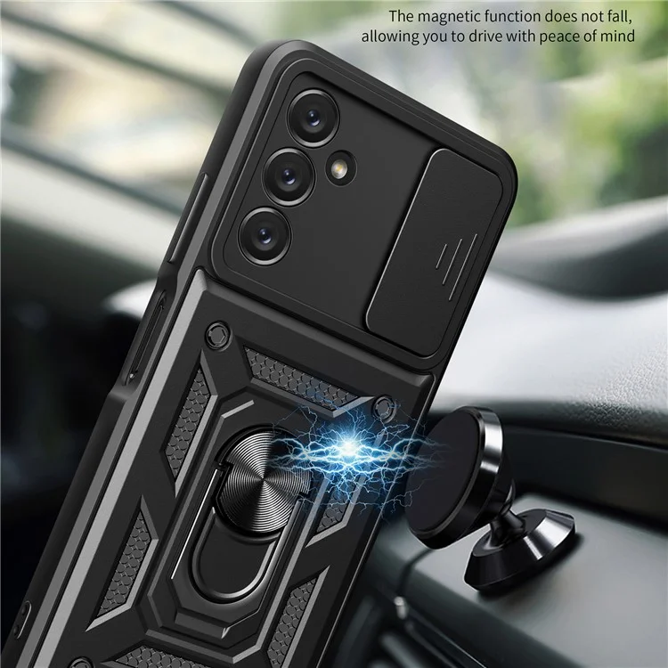 Shockproof Phone Case for Samsung Galaxy A14 5G / A14 4G Ring Kickstand PC + TPU Protective Back Cover with Slide Camera Protector - Black
