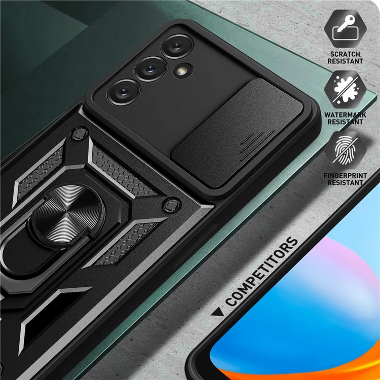 Shockproof Phone Case for Samsung Galaxy A14 5G / A14 4G Ring Kickstand PC + TPU Protective Back Cover with Slide Camera Protector - Black