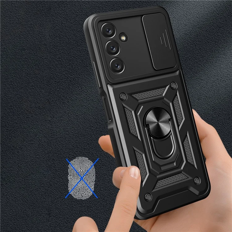 Shockproof Phone Case for Samsung Galaxy A14 5G / A14 4G Ring Kickstand PC + TPU Protective Back Cover with Slide Camera Protector - Black