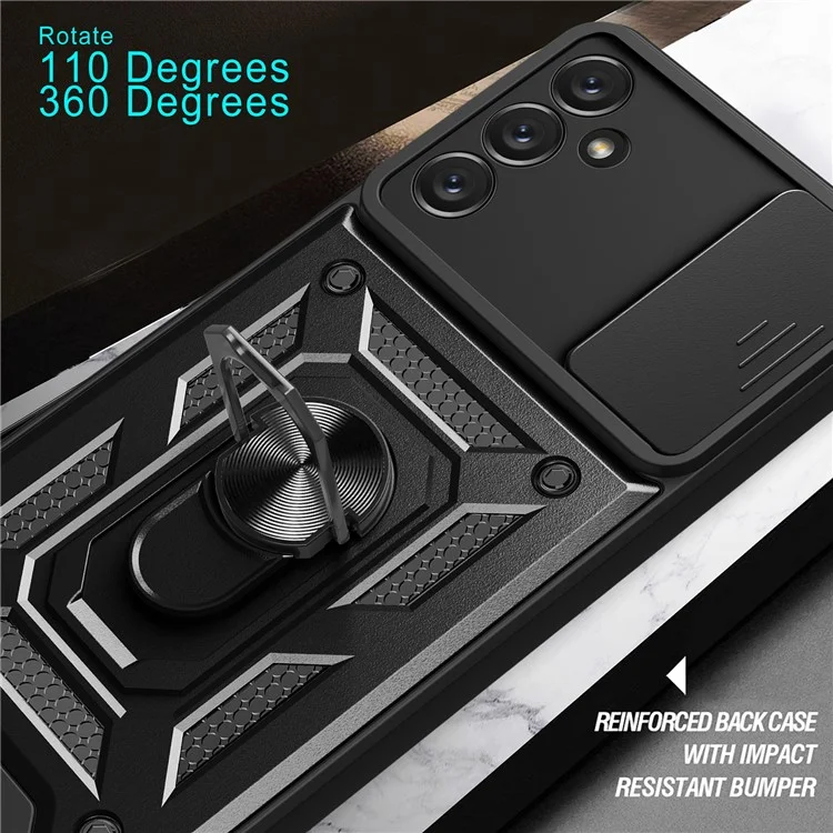 Shockproof Phone Case for Samsung Galaxy A14 5G / A14 4G Ring Kickstand PC + TPU Protective Back Cover with Slide Camera Protector - Black