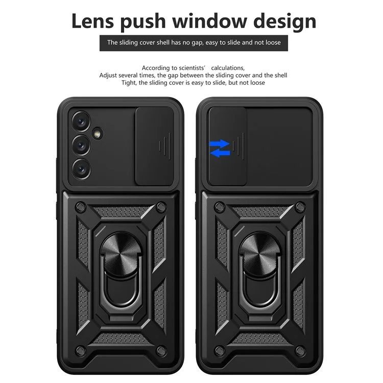 Shockproof Phone Case for Samsung Galaxy A14 5G / A14 4G Ring Kickstand PC + TPU Protective Back Cover with Slide Camera Protector - Black