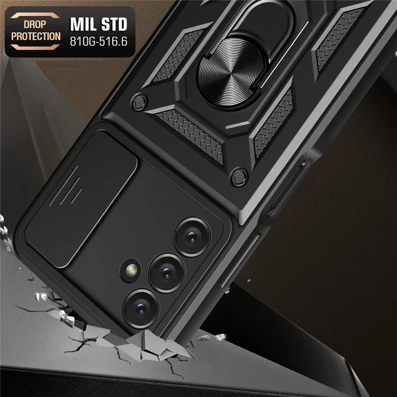 Shockproof Phone Case for Samsung Galaxy A14 5G / A14 4G Ring Kickstand PC + TPU Protective Back Cover with Slide Camera Protector - Silver