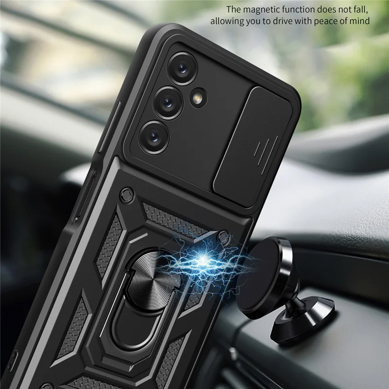 Shockproof Phone Case for Samsung Galaxy A14 5G / A14 4G Ring Kickstand PC + TPU Protective Back Cover with Slide Camera Protector - Green